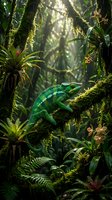 Green chameleon resting on moss-covered branch in lush tropical rainforest with sunlight filtering through dense jungle canopy and exotic plants.