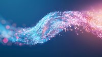 Glowing wave of particles with pink and blue light effects on dark background, flowing energy stream with bokeh and sparkles creates magical atmosphere.