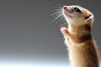 Adorable gerbil standing on hind legs against gray background, showing curious expression and distinctive whiskers. Small pet displays natural behavior.