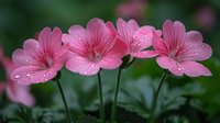 Pink geranium flowers with water drops in soft morning light against blurred green background, macro photography showing delicate petals and natural dewdrops.