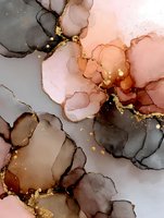 Abstract alcohol ink art with flowing organic shapes in blush pink, coral, gray and gold foil accents creating luxurious fluid patterns for modern decor.