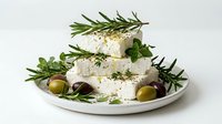 Stacked fresh cheese with rosemary sprigs, olives and herbs on white plate for culinary and food styling projects.