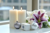 Festive winter composition with burning white candles, silver ornaments, wrapped gift box and fresh stargazer lily on windowsill, creating cozy holiday atmosphere.