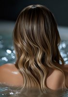 Back view of woman with wavy balayage hair in water, showing bare shoulders. Soft bokeh lights create dreamy atmosphere in dark swimming pool or spa setting.
