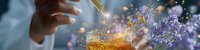 Magical moment of pouring golden honey with lavender flowers and sparkles, close up view showing viscous liquid dripping from dipper in soft light.