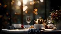 Elegant tea setting with golden teapot, wine glasses, and fresh berries on table against warm bokeh background, creating cozy atmosphere for gathering.