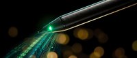Futuristic laser pen emitting green light beam with digital circuit patterns and glowing bokeh effects on dark background for technology presentations.