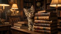 Adorable tabby kitten sitting beside stack of vintage leather books in cozy library setting with warm lamp lighting and wooden shelves background.