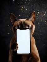 Burmese cat holding blank smartphone screen with paws against dark background with golden sparkles, isolated for app mockup and marketing use.