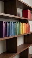 Modern wooden bookshelf with colorful books arranged by rainbow spectrum from purple to red creating organized library display for home office interior.