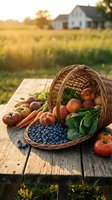Wicker basket overflowing with fresh farm produce including peaches, blueberries, tomatoes, carrots and leafy greens on wooden table with farmhouse and golden fields in background.