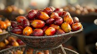 Fresh palm oil fruits in traditional woven basket at harvest time, showing vibrant red and orange colors of ripe palm kernels. Perfect for agriculture themes.