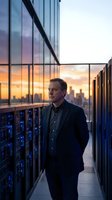 Mature Caucasian businessman in suit standing in modern data center server room at sunset overlooking city skyline through glass windows.