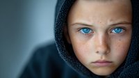 Young person wearing dark hood gazes intensely with striking blue eyes and freckled complexion against blurred background, creating dramatic atmospheric portrait.