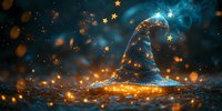 Magical wizard hat glowing with golden sparkles and stars against dark background, mystical bokeh lights creating enchanted atmosphere for fantasy designs.