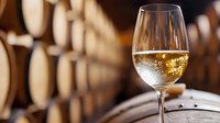 Glass of white wine in cellar with oak barrels in background, golden liquid catching light, creating elegant ambiance for wine tasting and hospitality.