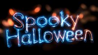 Spooky Halloween neon sign glowing in blue and orange lights against dark background with bokeh effects for party decorations and seasonal celebrations.