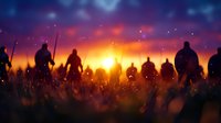 Silhouettes of warriors walking at dramatic sunset with magical sparkles in tall grass meadow, fantasy adventure concept background scene.