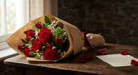 Red roses bouquet wrapped in brown paper on wooden table near window with scattered petals and greeting card for romantic occasions and celebrations.