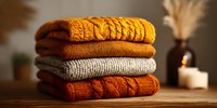 Stack of folded autumn-colored knitted sweaters in orange, beige and brown tones on wooden surface with blurred cozy home decor background.