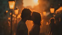 Romantic couple silhouette kissing at sunset with warm street lamps creating intimate golden hour atmosphere for wedding and love concepts.