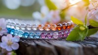 Colorful dental braces with crystal-like brackets in rainbow colors from blue to pink, displayed on wooden surface with spring blossoms, macro photography.