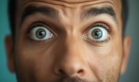 Close-up portrait of young African American man's expressive brown eyes showing surprise or shock emotion against turquoise background.
