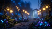 Enchanted forest pathway with glowing lanterns and magical blue flowers at twilight creating mystical atmosphere for fantasy storytelling and gaming.