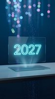 Futuristic holographic display showing glowing neon 2027 numbers on transparent glass panel with colorful bokeh lights and particles for New Year celebration.