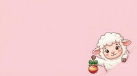Cute cartoon sheep character with fluffy white wool and pink ears holding a potted plant with green leaves against soft pink background for children's design.