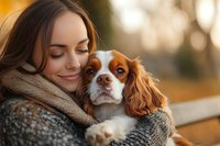 Young Caucasian woman in warm sweater embracing Cavalier King Charles Spaniel dog outdoors during golden sunset hour, expressing tenderness and companionship.