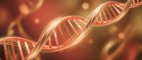 Glowing DNA double helix strands with golden light effects on warm orange background, suitable for medical, scientific, and biotechnology presentations.
