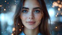 Young woman with glowing golden sparkles on face against blurred blue background, magical portrait with bokeh lights and dreamy atmosphere. Soft smile and bright blue eyes.
