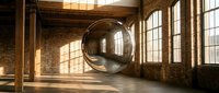 Transparent glass sphere floating in sunlit industrial loft with exposed brick walls and large windows creating dramatic lighting and shadows.