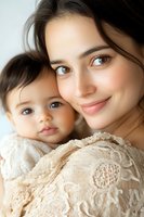 Young Hispanic mother and baby in soft beige lace embrace sharing tender moment against light background, natural makeup and gentle smiles capture maternal bond.