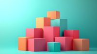Colorful geometric cubes arranged in abstract composition against turquoise background, featuring coral pink, orange and mint green boxes in minimalist style.