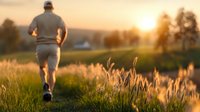 Athletic man jogging at sunset through rural landscape with golden light illuminating tall grass and meadow. Peaceful countryside fitness scene.