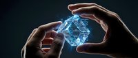 Hands protecting glowing blue geometric crystal structure representing data security, blockchain technology, and digital protection concepts for business.
