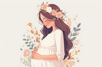 Expecting mother in white dress with floral crown and long dark hair, surrounded by soft peach flowers and eucalyptus leaves, gentle illustration style.