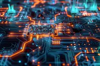 Glowing orange and blue circuit board paths lead to central microchip, creating futuristic technology visualization with depth of field effect. For tech concepts.