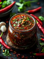 Spicy chili sauce with herbs in glass jar surrounded by fresh red peppers and cilantro on dark wooden surface for cooking and seasoning recipes.