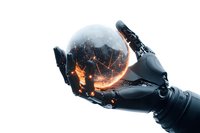 Robotic hand holding glowing sphere with network connections and orange light effects against white background, futuristic technology concept.