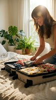 Young woman with long brown hair and fair complexion packing colorful clothing into black suitcases on bed near potted plants and sunny window, preparing for travel or vacation.