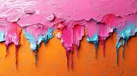 Pink and turquoise oil paint drips and smears on orange background, thick textured acrylic strokes create abstract artistic composition with heavy impasto technique.