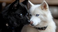 Two beautiful husky dogs with striking blue eyes sitting close together, one black and one white, showing strong bond and friendship between canine companions.