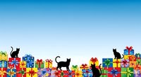Silhouettes of three black cats playing among colorful wrapped gift boxes against a bright blue sky background. Festive holiday season celebration scene suitable for greeting cards, seasonal marketing, and festive event promotions.
