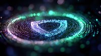 Glowing spiral tunnel with turquoise and blue particle effects creating depth and motion against dark background, abstract digital art with bokeh lights and luminous details.