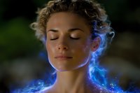 Young woman with closed eyes surrounded by mystical glowing blue energy aura, depicting spiritual awakening, meditation and mindfulness practice.