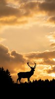 Majestic deer stag silhouette against dramatic golden sunset sky with forest treeline for wildlife and nature themed designs.