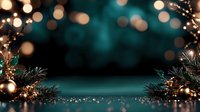 Festive winter background with blurred golden bokeh lights, pine branches and glitter on dark turquoise backdrop creating magical holiday atmosphere.